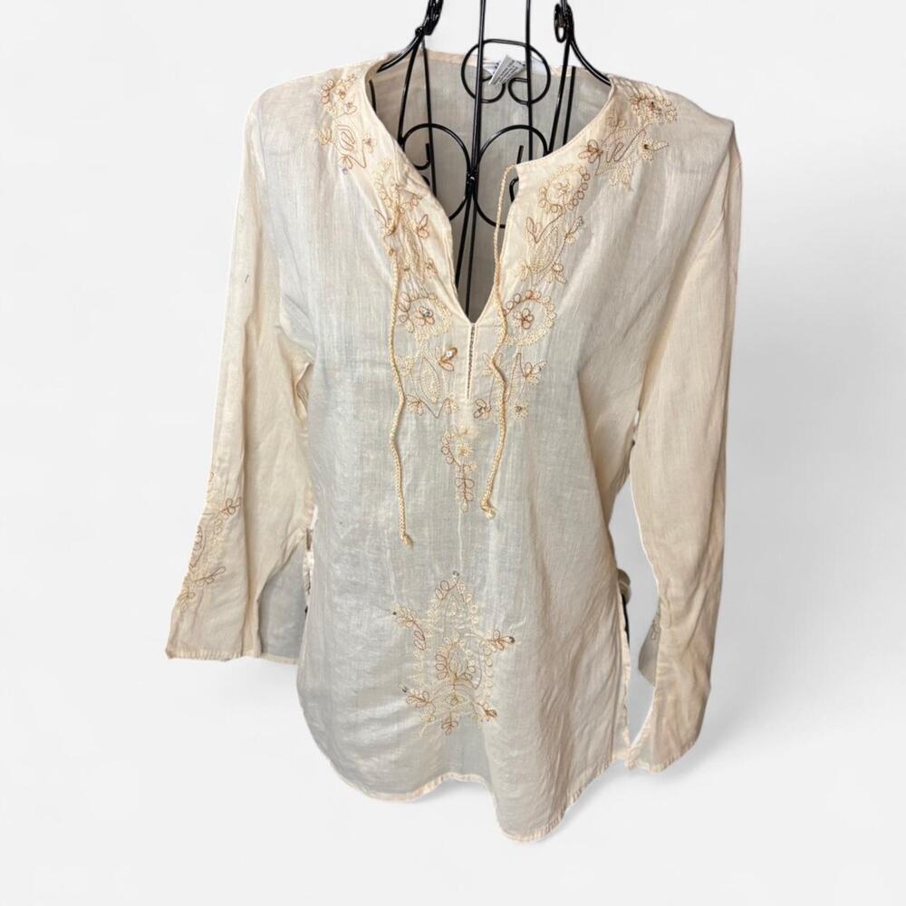 Vintage Tramp Y2K Boho Embroidered Tunic Top Cream Cotton Size M Whimsigoth